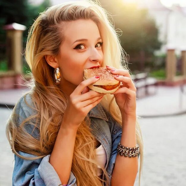 Девочка есть красиво. Девушка ест гамбургер. Девушка с едой. Красивая девушка с едой. Девушка с бургерами.