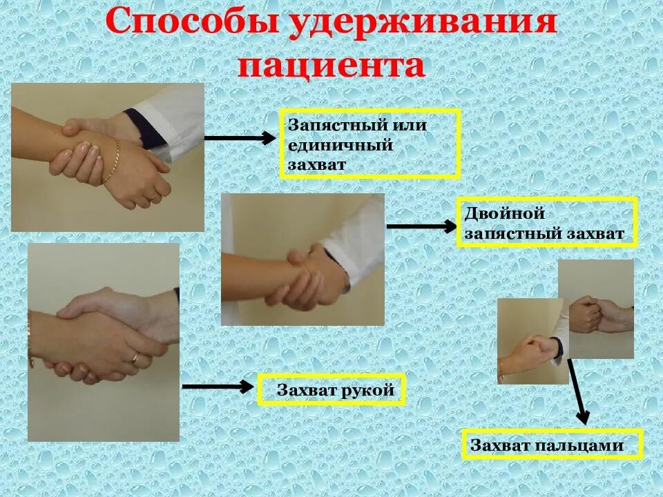 Захваты пациента. Способы удержания пациента. способы удерживания пациента. способы удерживания (захваты) пациента. удерживание пациента методом захват через руку.