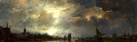 Скачать обои пейзаж, ночь, лодка, картина, парус, Арт Ван дер Нер, Aert van der 