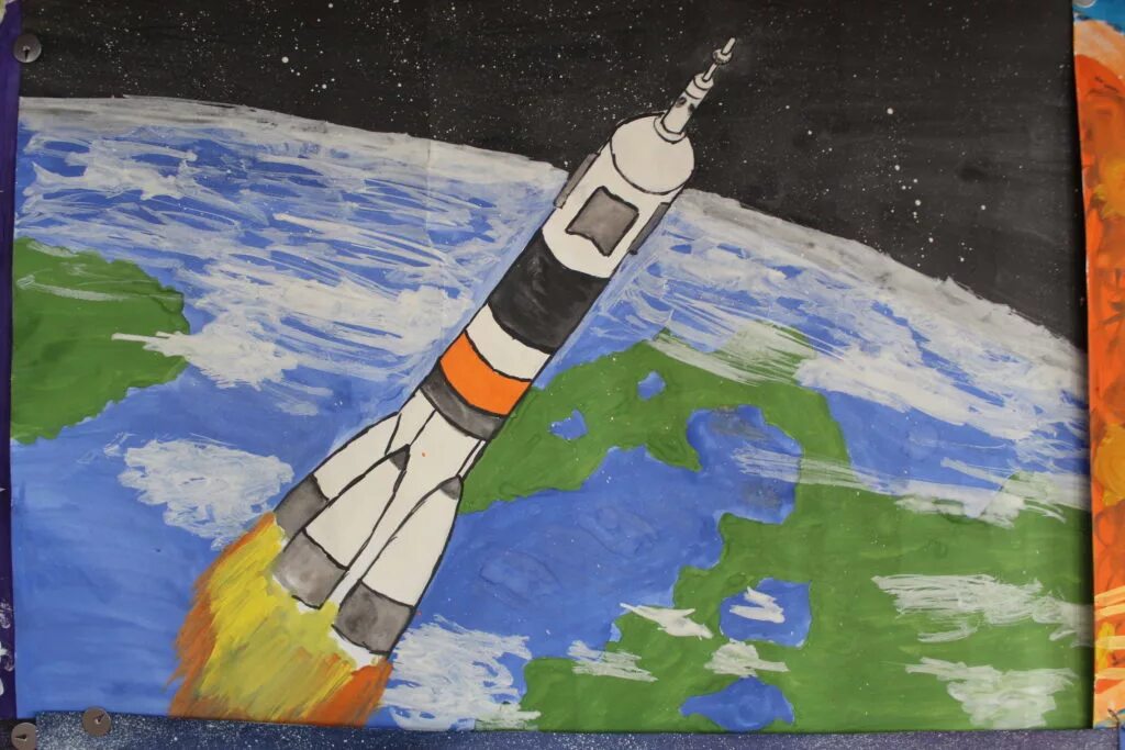Рисунок на тему 12 апреля. Рисунок ко Дню космонавтики. Рисование ко Дню космонавтики. Рисунок на день космонавтиков. Детские рисунки ко Дню космонавтики.