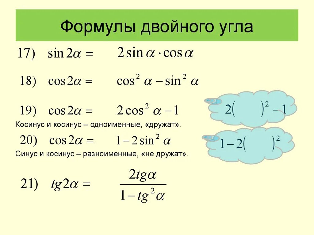 Синус двойного угла формула. Формула двойного угла синуса и косинуса. Формула двойного угла через косинус. Синус косинус тангенс двойного угла формулы.