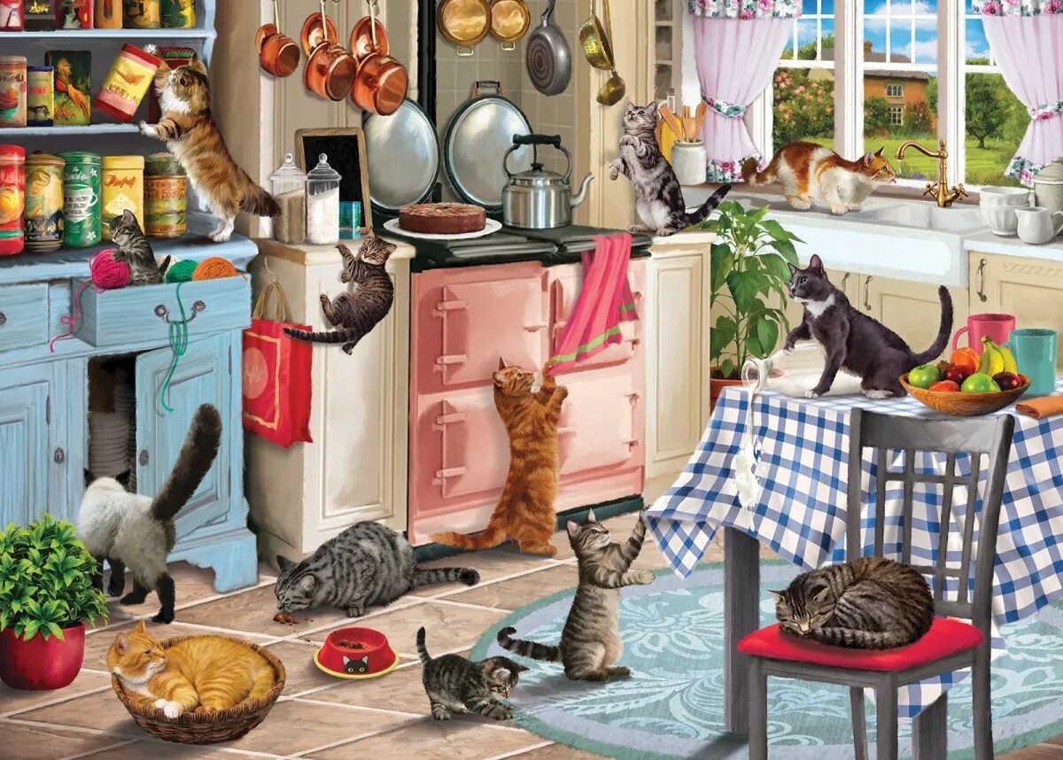 Cats kitchen. Кошка на кухне. Котик на кухне. Пазлы с котиками на кухне. Кухня с изображением кошек.