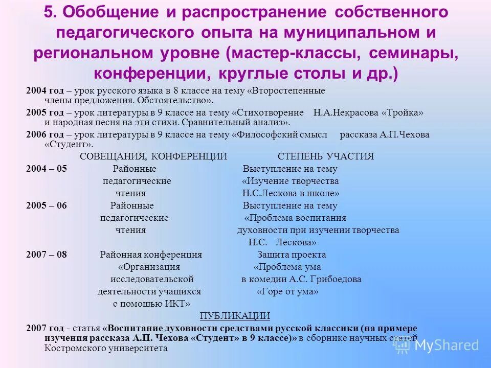 распространение собственного педагогического опыта