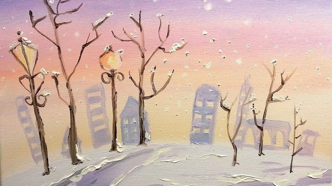 Рисунок первый снег. Зимний пейзаж акварелью для детей. Зимний городской пейзаж гуашью. Уроки рисования гуашью для детей. Рисование акварелью зимний пейзаж для дошкольников.
