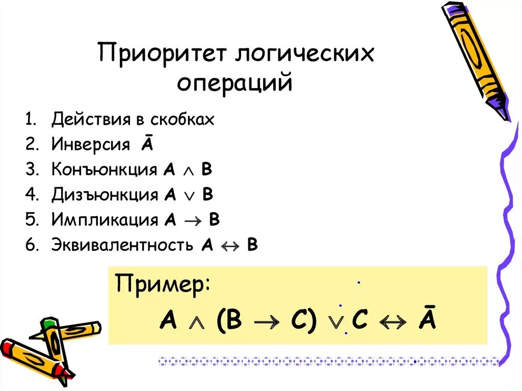 Приоритеты логических операций Алгебра логики. Таблица приоритетов логических операций. Логические операции в порядке приоритета. Приоритет выполнения логических операций Алгебра логика. В каком порядке выполняется операция