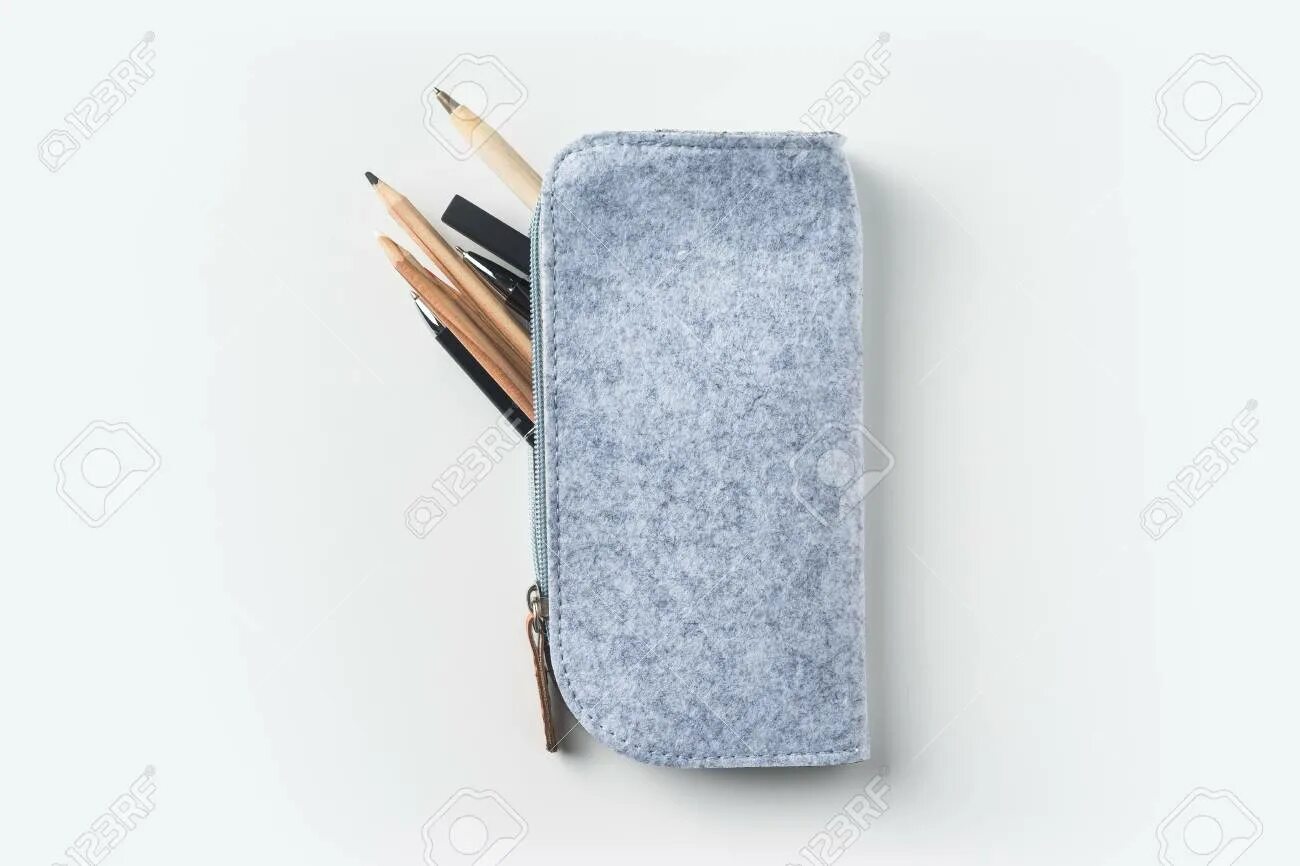 A pencil case in the desk. Карандаш мокап. old pencil case on white background. мокап карандаш синий. pencil case mockup.