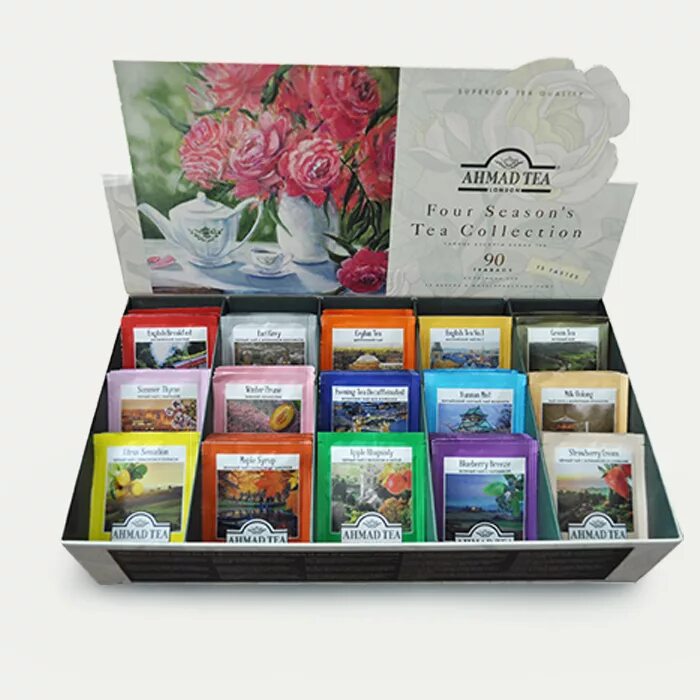 Покажи чай а 4. Ахмад four Seasons Tea collection. Ассорти чайное Ahmad four Seasons. Чай Ahmad (Ахмад) four Seasons. Чайное ассорти Ахмад 15 вкусов 90пак.