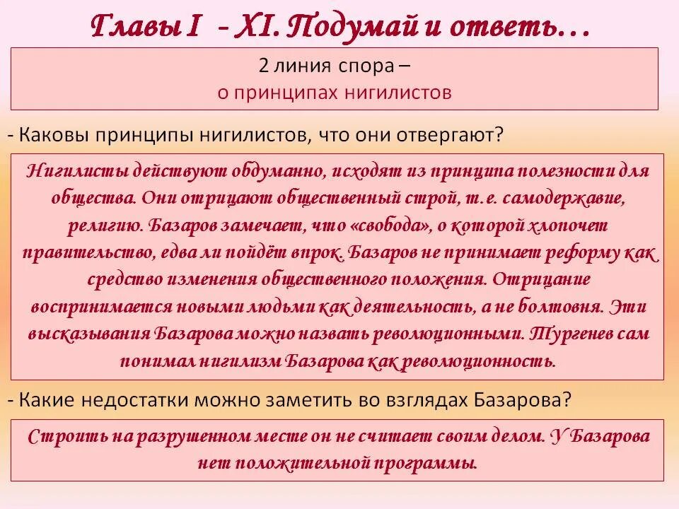 Почему базаров был. Основные споры в романе отцы и дети. Принципы Базарова нигилиста. Базаров о принципах. Основные линии спора отцы и дети.