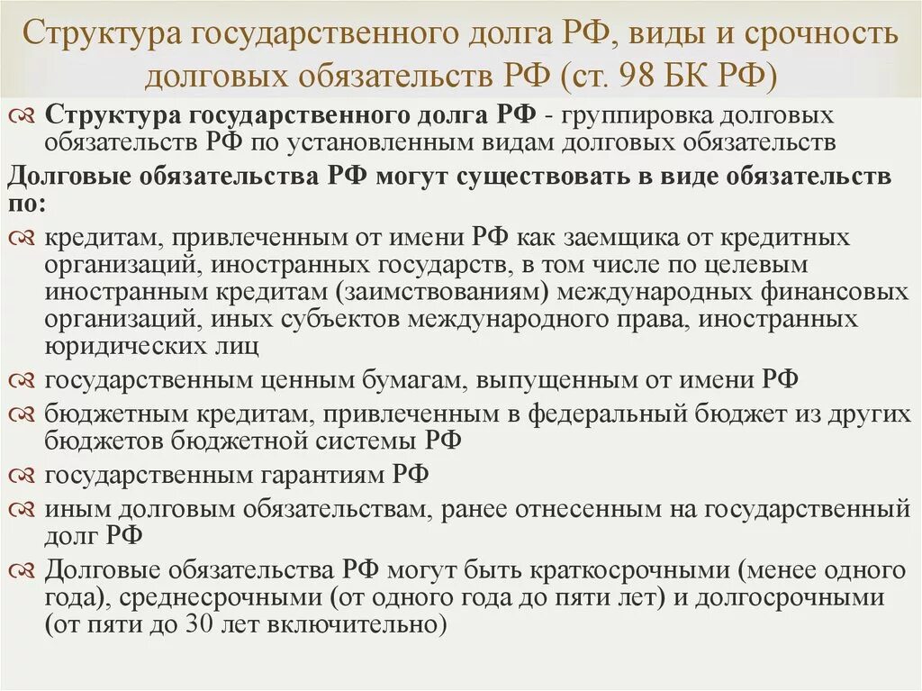 Структура государственного долга РФ. Структура и виды долговых обязательств.. Виды долговых долговых обязательств. Виды государственных долговых обязательств. Выплата по долговым обязательствам