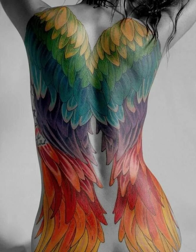 Птица становится на крыло. Тату Крылья цветные. Татуировки на спине. Тату Крылья на спине. Тату на спине цветное.