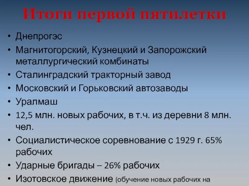 Что относится к достижениям первой пятилетки. Социалистическое соревнование первой пятилетки. социалистические соревнования в годы индустриализации. итоги 1 пятилетки.