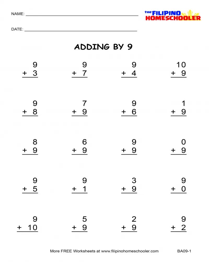 Adding. Adding Worksheets. Adding 1 Worksheet. 9 Worksheet. Nine Worksheet.