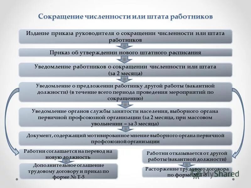 Порядок процедуры сокращения Штатов в организации. Схема увольнения по сокращению Штатов. Сокращение численности или штата работников организации. Сокращение штата работников процедура пошагово. Увольнение работника алгоритм действий