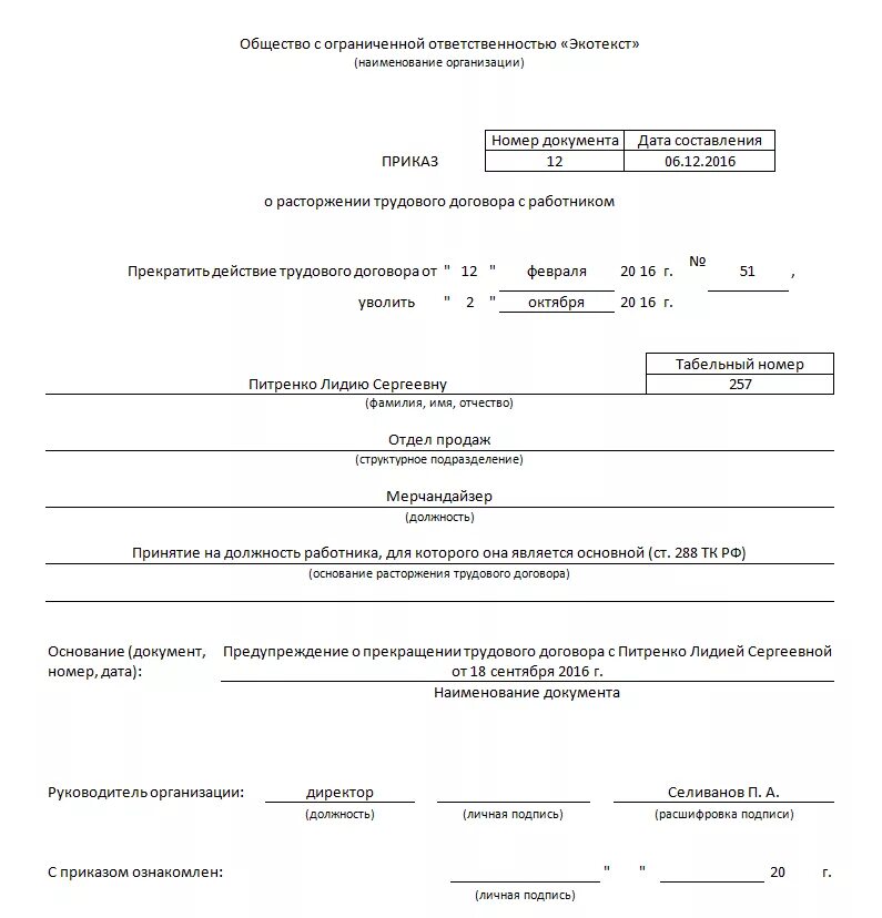 Увольнение работника во время отпуска. Увольнение по ст 288 ТК РФ образец приказа. Образец приказа об увольнении по ст. 288 ТК. Приказ о расторжении трудового договора по инициативе работника. Увольнение по внутреннему совместительству образец.