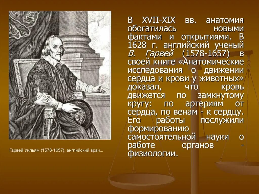 Английский ученый Гарвей 1628. История развития знаний о строении организма человека. Анатомические открытия XVII века.. Открытия в анатомии.