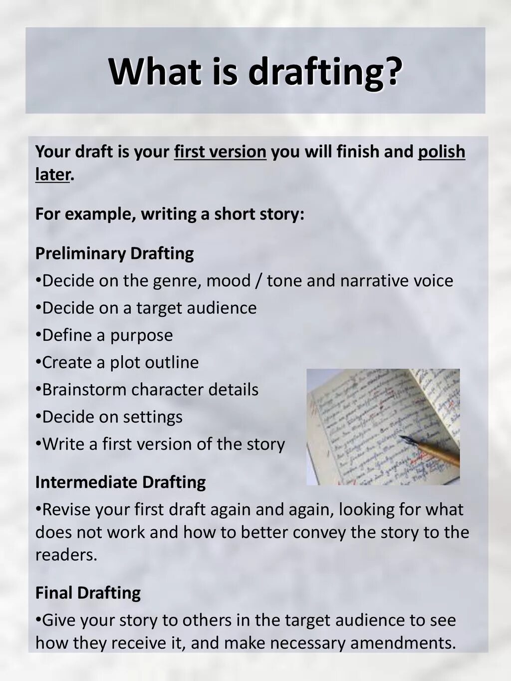 Writing drafts. Writing drafts. Writing drafts. Writing techniques. Write the first draft illustration.