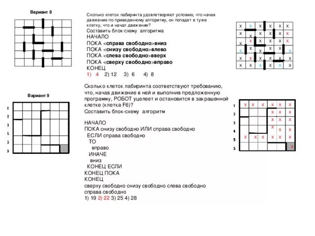Пока справа свободно вправо конец. Пока снизу свободно влево. Пока справа свободно или снизу свободно вниз пока справа вправо конец. Если справа свободно или снизу свободно то. Сколько клеток приведенного Лабиринта соответствует Требованию.