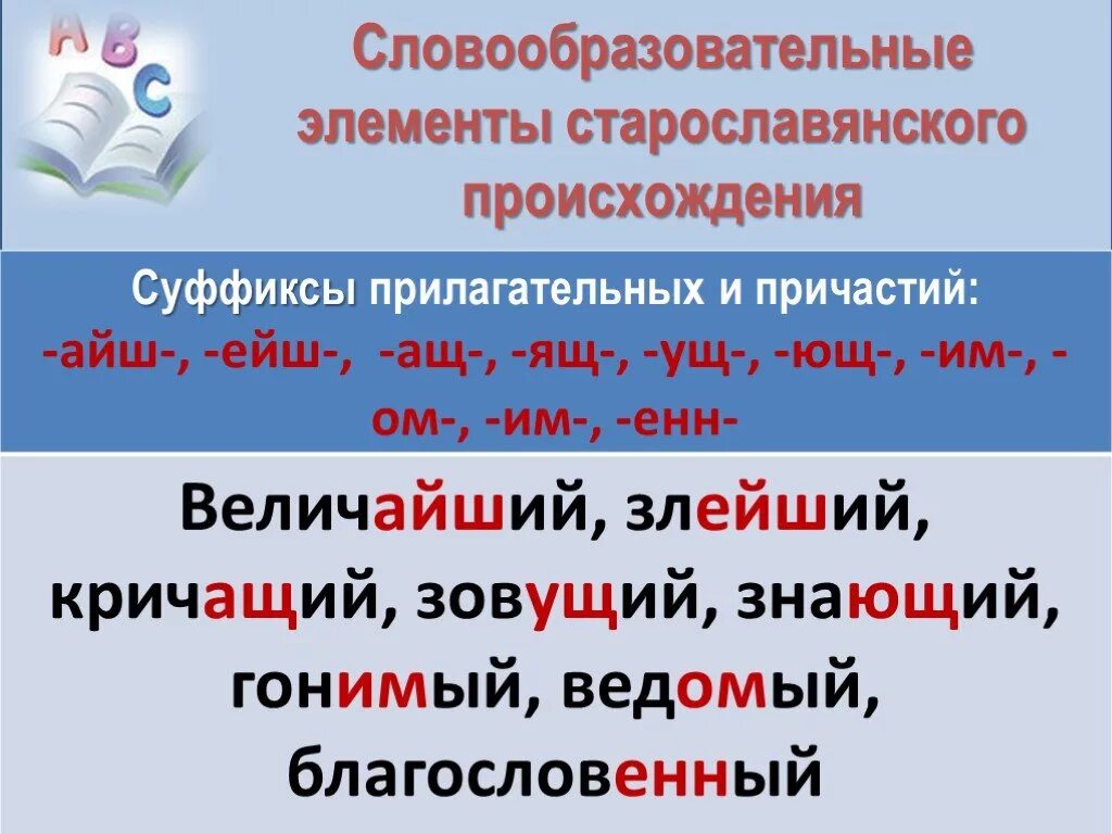 Суффиксы причастий ащ ящ ущ. Словообразовательные элементы. Суффиксы старославянского происхождения. Словообразующие суффиксы. Словообразовательные суффиксы.