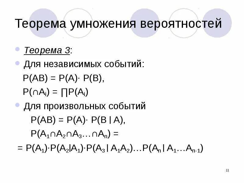 Сложение вероятностей произвольных событий. Теорема умножения двух независимых событий. Теорема умножения вероятностей. Теоремы сложения и умножения независимых событий. Формула умножения вероятностей для трех событий.