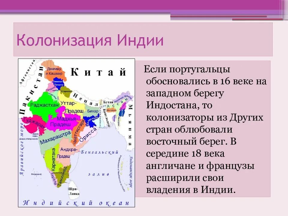 Колонизация Индии. Европейская колонизация Индии. История колониальных завоеваний европейских стран. Карта колониальной Индии.