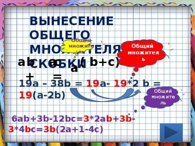 Ab a вынесите за скобки. Вынесение общего множителя за скобки ab+a. Вынести за скобки общий множитель 19а 38 в. Вынесение общего множителя 7 класс. Вынесение общего множителя фигуры.