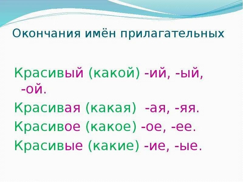 Скорую окончание слова. Окончания прилагательных. Окончание. Окончания Ой ый в прилагательных. Окончания имен прилагательных.