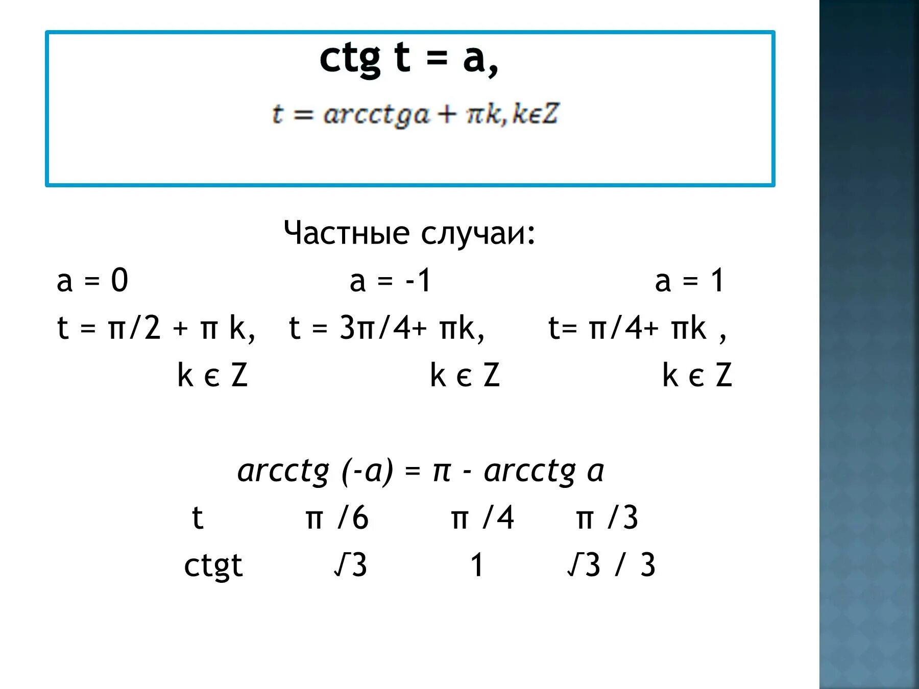 Ctg x 1 0. Решение уравнений TG T A. Решение тригонометрических уравнений CTG X A. Уравнение TG X A частные случаи. Решение уравнения TG X A.