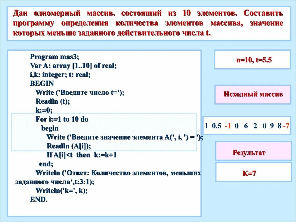 Определить наибольший элемент массива. Одномерный массив из 10 элементов. Заполнение одномерного массива. Программа составить определение. Количество элементов одномерного массива.