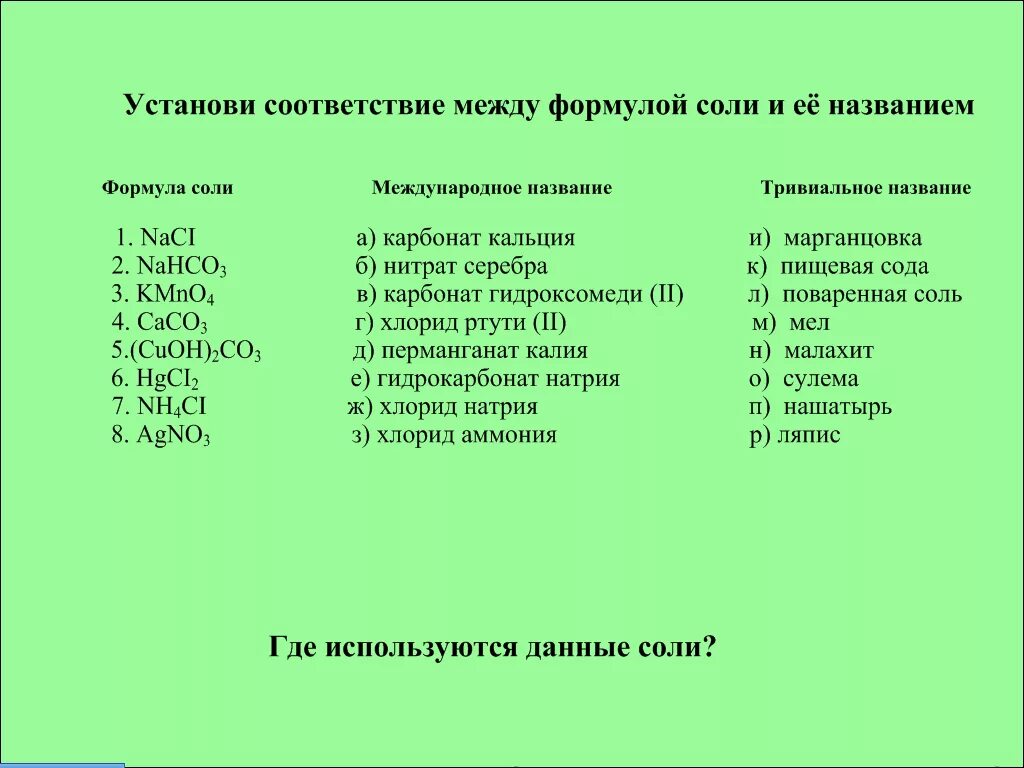 Соответствие между формулой соединения тривиальным названием