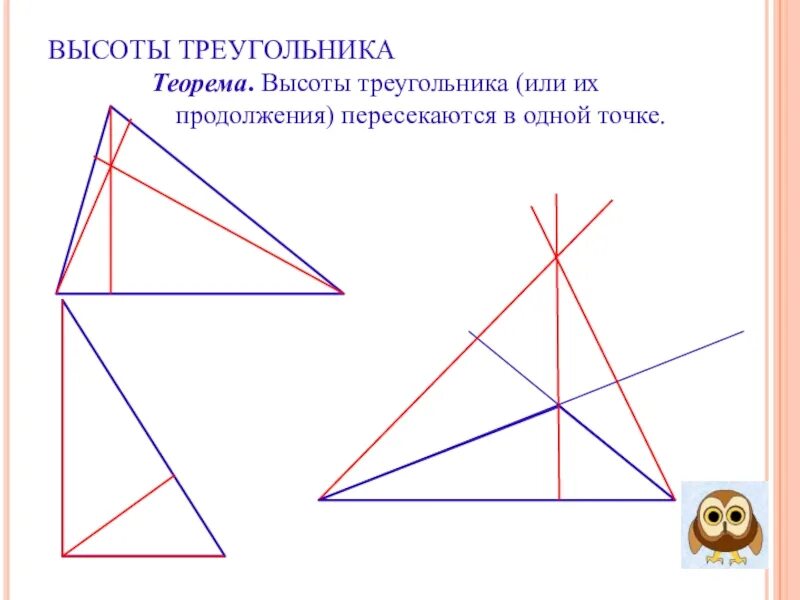 Замечательные точки треугольника. Высоты треугольников или их продолжения. Высоты треугольника или их продолжения пересекаются. Высоты треугольника или их продолжения пересекаются в одной точке.