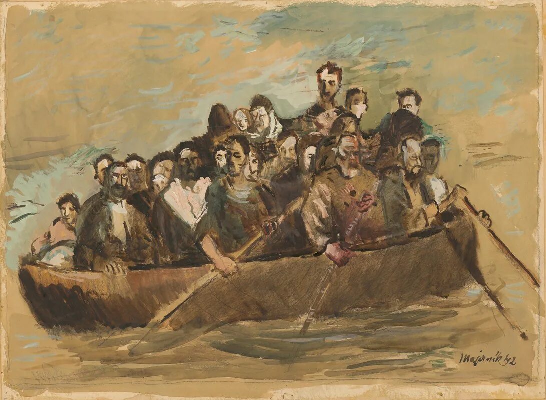 Беженцы арт. Образ беженцев арт. History people. People on a Boat.