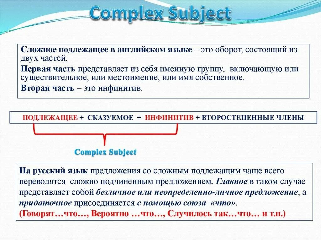 Примеры предложений со сложным дополнением. Сложные подлежащие в английском языке. Complex subject правило таблица. Сложное подлежащее в англ яз. Complex subject в английском.