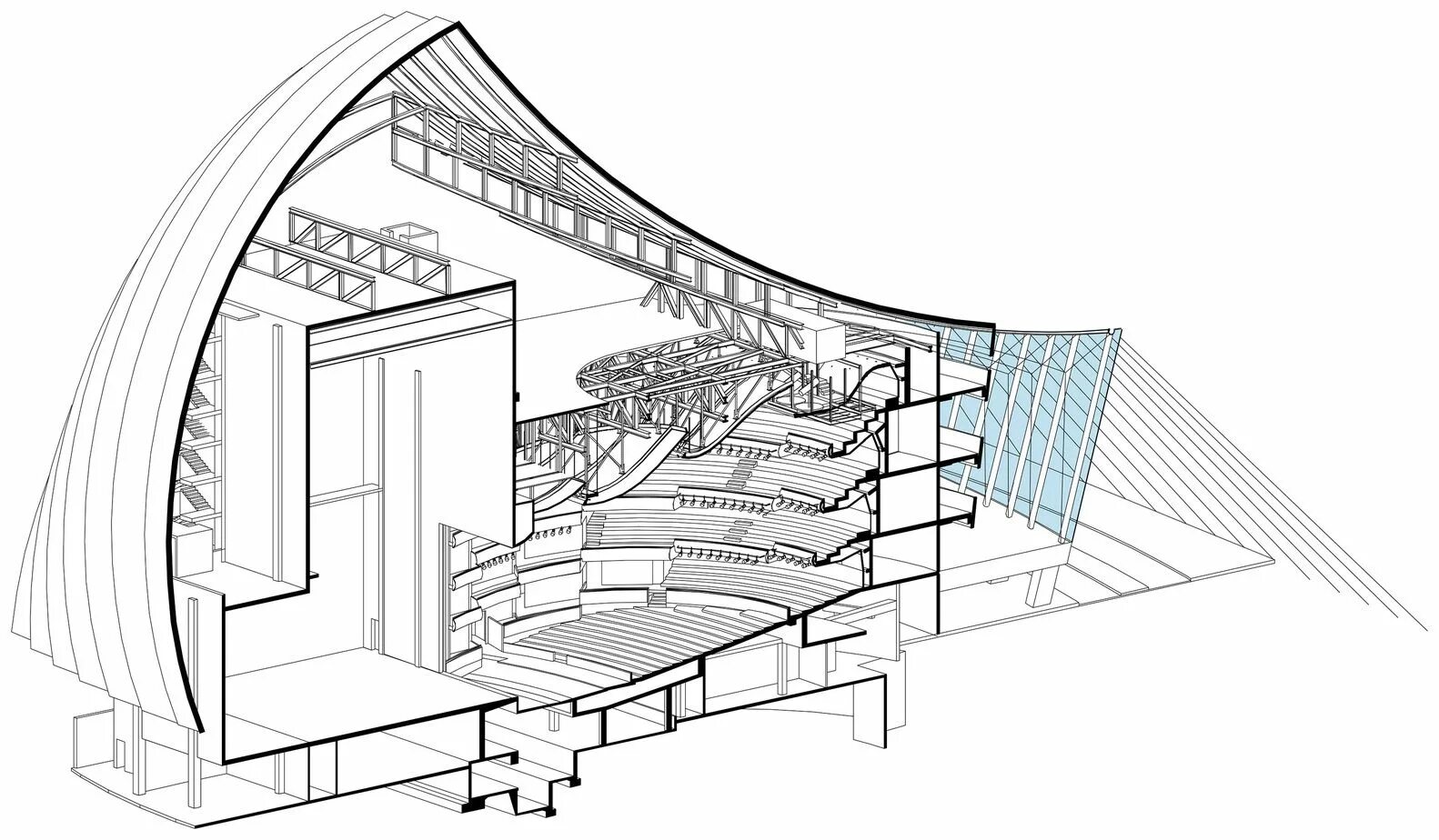 Show section. Safdie Architects - Kauffman Center for the performing Arts. Амфитеатр клаузура. Аудиторио-де-Тенерифе чертежи. Круглый амфитеатр ревит.