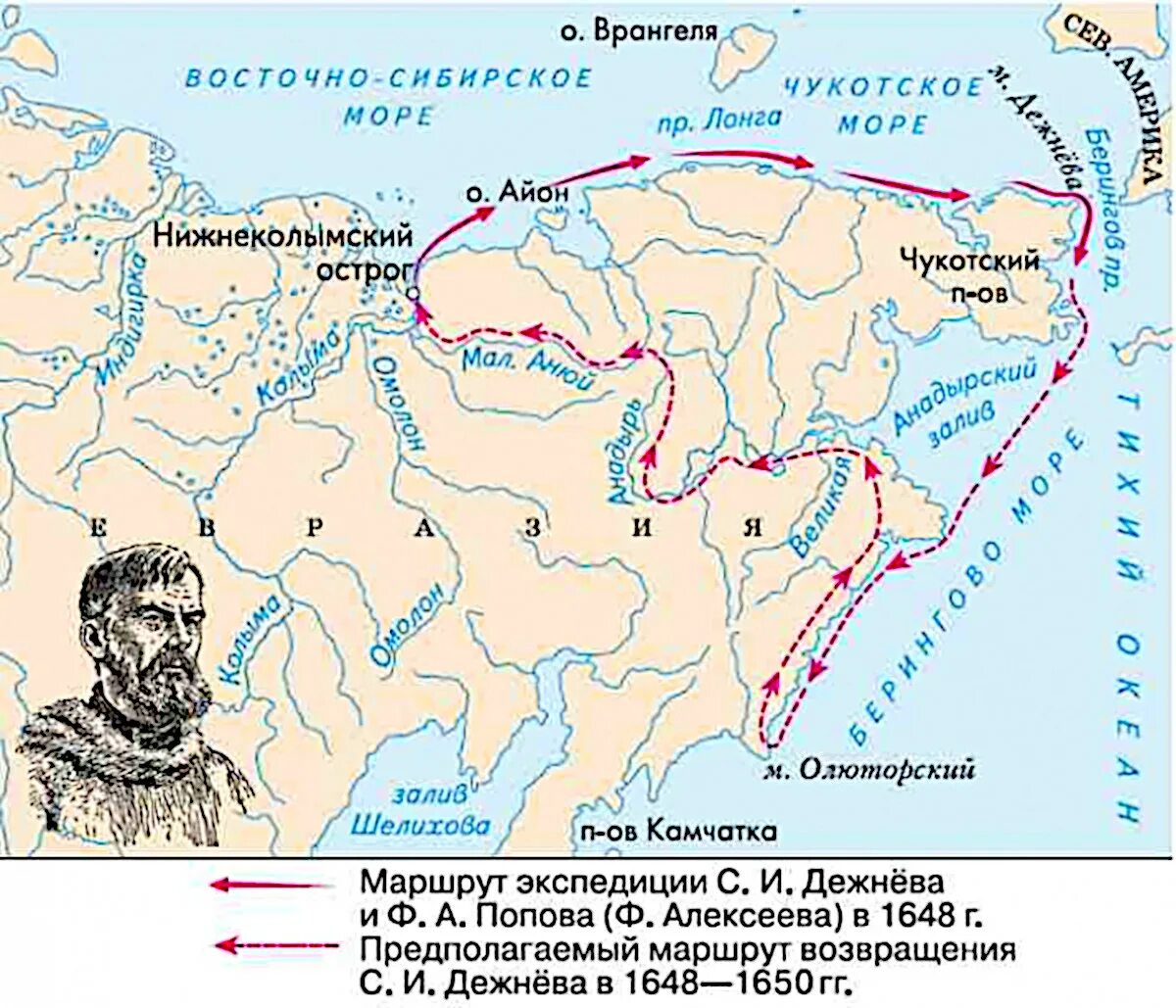 Карта открытия россии. Экспедиция Попова и Дежнева 1648. 1648 Поход семена Дежнева. Маршрут экспедиции семена Ивановича Дежнева.