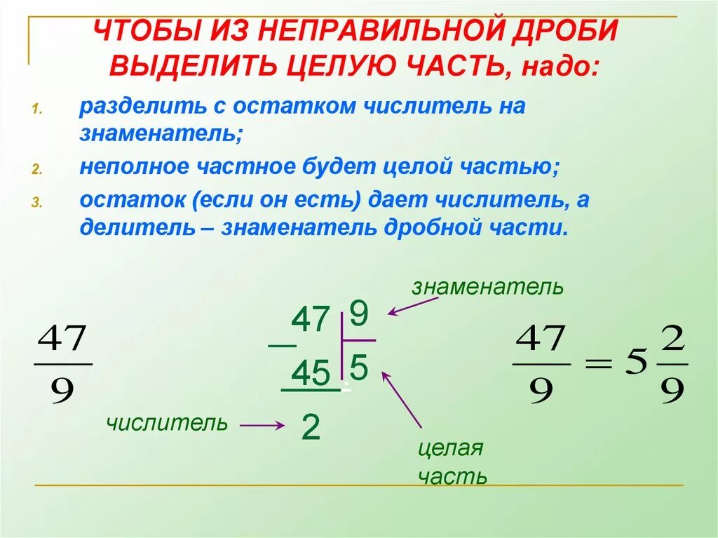 Как находить целые числа из дроби. Как делаются дроби. Как из неправильной дроби сделать правильную. Выделение целой части из дроби. 5 целых перевести в неправильную дробь