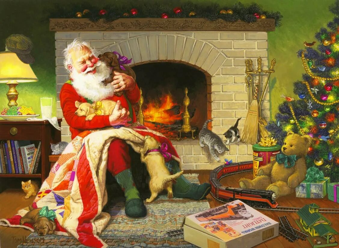 Тома и дед мороз. Tom Newsom картины. Tom Newsom Santa. Кристмас камин Санта. Дед Мороз у камина.