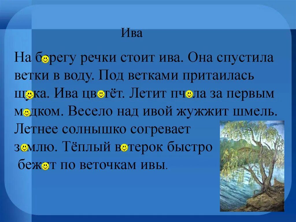 Диктант Ива. На берегу реки стоит Ива. На берегу речки стоит Ива.она спустила. Диктант про иву.