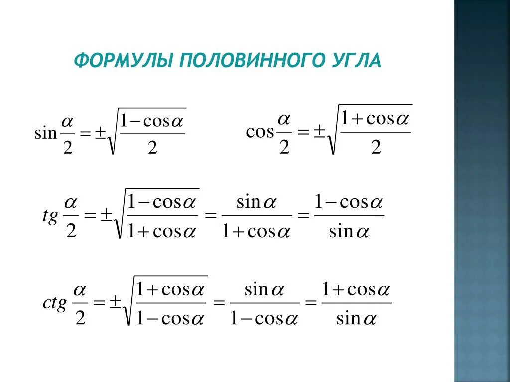 Синус и косинус половинного угла формулы. Формулы половинного угла тригонометрия. Формулы половинного угла 10 класс. Формулы половинного угла тригонометрических функций. Синус альфа пополам