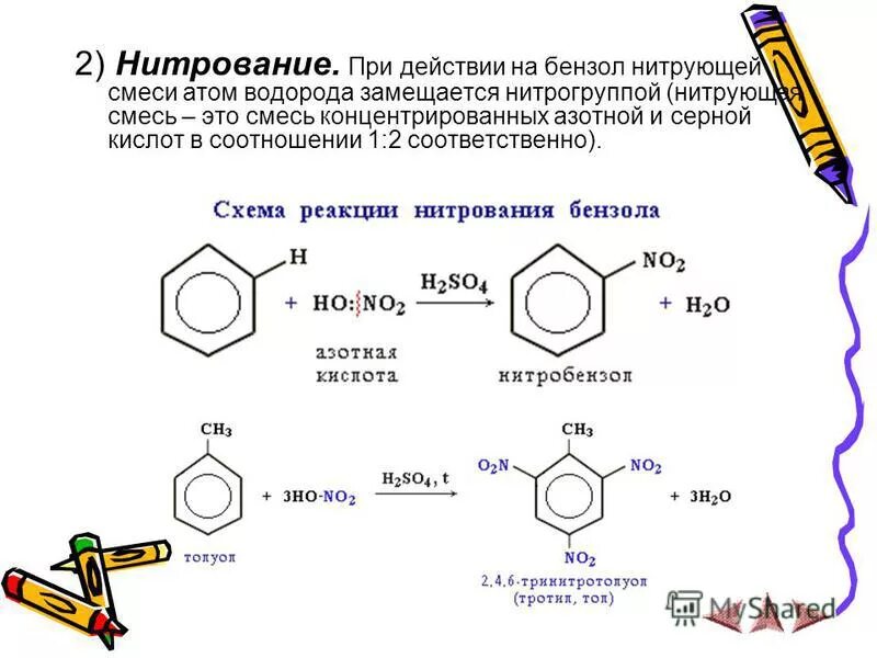 Бензол реагирует с азотной кислотой