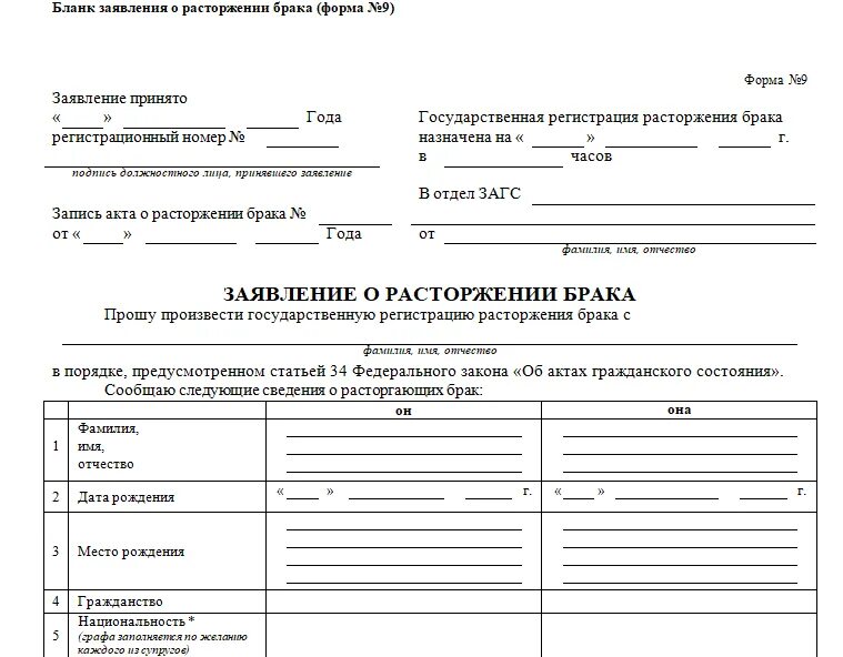 Сведения супругов сведения расторжении. Бланк заявления о расторжении брака в ЗАГС. Бланк на расторжение брака через ЗАГС образец. Образец Бланка заявления о расторжении брака. Заявление о расторжении брака образец в ЗАГС С детьми.