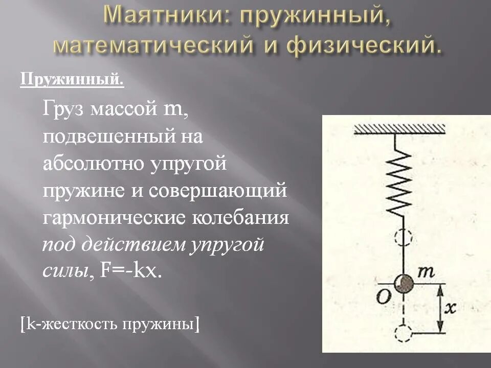 Математический маятник и пружинный маятник формулы. Жесткость пружины пружинного маятника формула. Жесткость пружины математического маятника. Период свободных гармонических колебаний пружинного маятника. Частота колебаний пружинного маятника определение