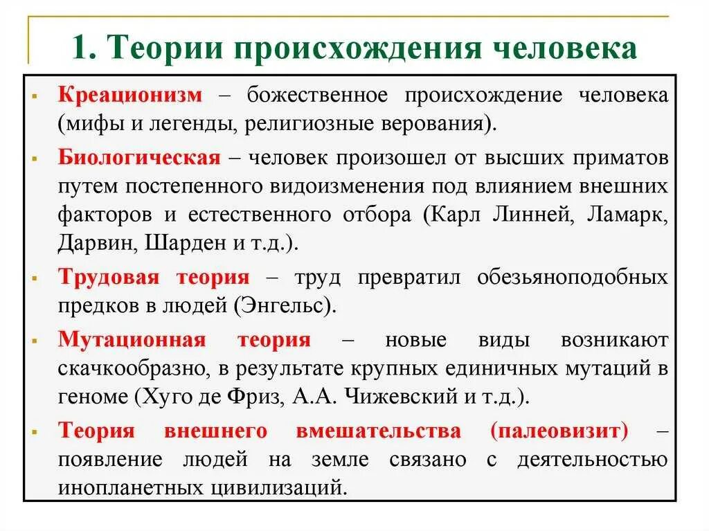 Почему на определенных этапах. Основные теории происхождения человека. Перечислите теории происхождения человека. Теории происхождения человека таблица. Концепции происхождения человека таблица.