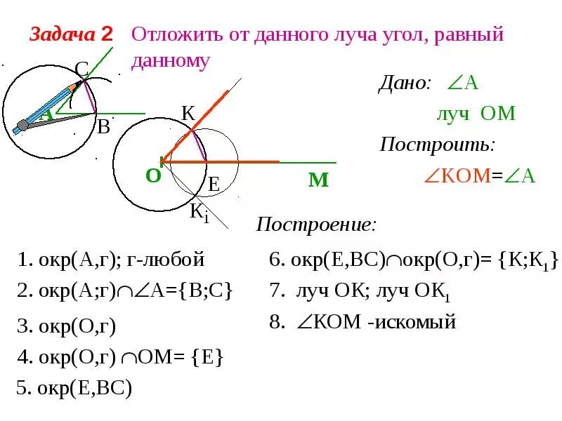 2 построение угла равного данному. Задача 2 отложить от данного луча угол, равный данному.. Задача отложить от данного луча угол равный данному. Задачи на построение отложить от данного луча угол равный данному. Отложить от данного луча угол равный данному решение.