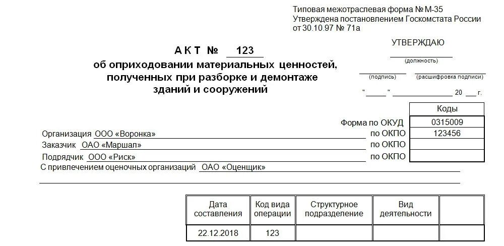 Списание металлолома. Форма м-35 акт об оприходовании материальных ценностей. М35 акт об оприходовании материальных. Форма м-35 образец заполнения пример. Акт оприходования материальных ценностей образец заполнения.