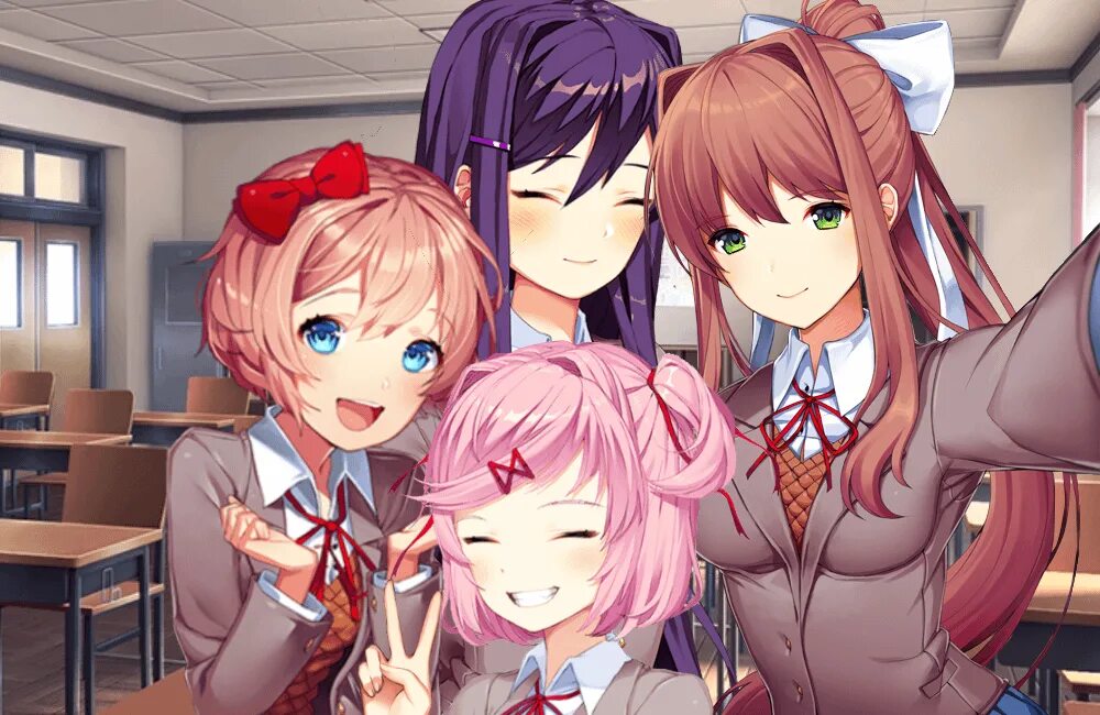 Доки доки е. Саери и нацуки и юри и моника. моника ддлк финал. ddlc моника и нацуки. моника доки доки финал.
