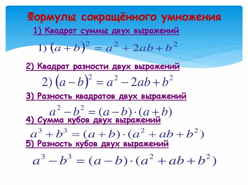 6.7 8 класс. Формулы сокращения Алгебра 7 класс. Формулы сокращённого умножения по алгебре 5 формул. Формулы сокращенного умножения 7 класс Алгебра. Название формул в алгебре 7 класс.