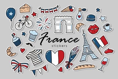 set of of France stickers. French doodles isolated on grey background. Good for 