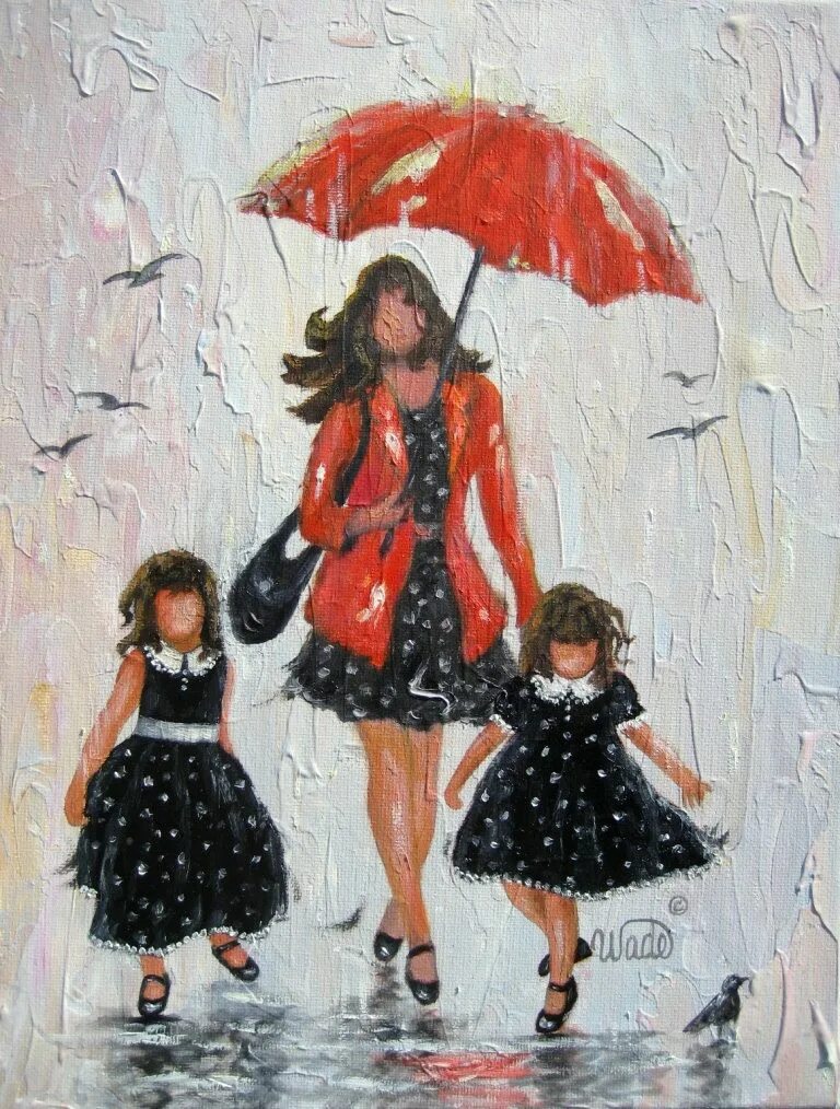 Мам дождь пошел. Vickie Wade дочь. С мамой под зонтом. Картина зонтики. Картина две девочки.