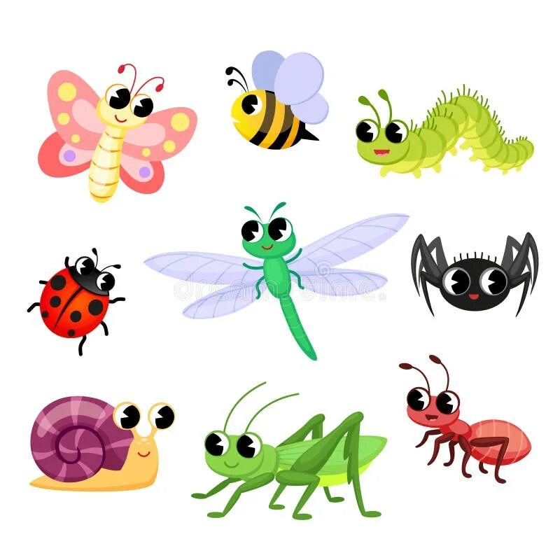 Бабочка муравей паук. Насекомые мультяшные для детей. Насекомые картинки для детей. Жучки и паучки для детей. Мультяшные насекомые сада.