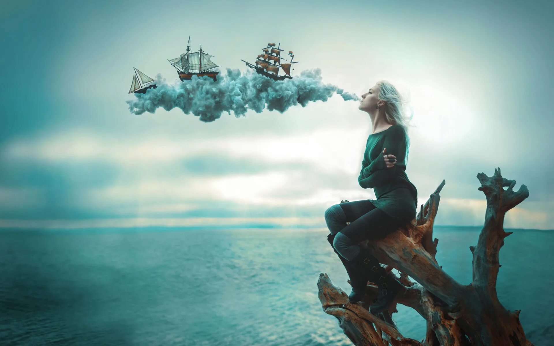 Девушка на корабле. Девушка-море. Фотосессия в стиле фантастика. Фантастическое море. Красивые обои человека
